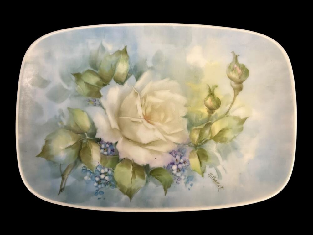 Vintage Oblong Floral Dish Vanity Signed Hand Painted Rose Cottagecore
17x5